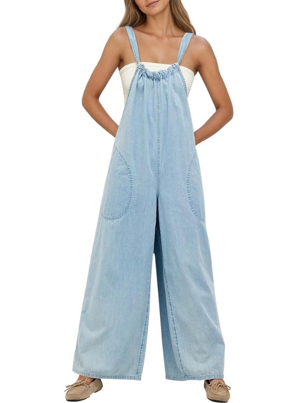 Womens Wide Leg Denim Overalls Casual Baggy Jean Jumpsuit Tie Back
